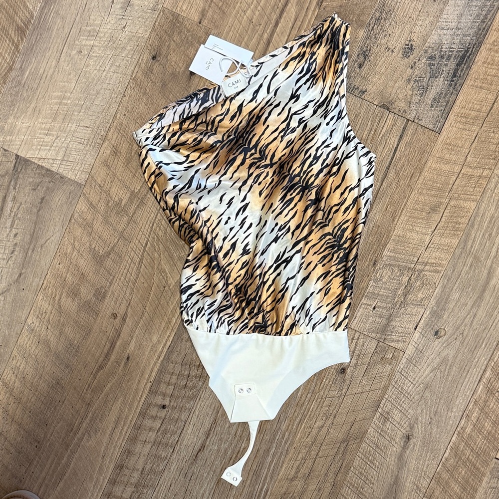CAMI SILK One-Shoulder Tiger-Print Bodysuit in Cream, Brown, and Black